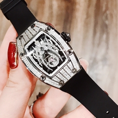 Hanboro Mặt Nhện |Nữ Giới |Full Đá Trắng Silver |Dây Cao Su |Máy Pin (Quartz) |Size 32x45mm
