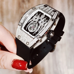 Hanboro Mặt Nhện |Nữ Giới |Full Đá Trắng Silver |Dây Cao Su |Máy Pin (Quartz) |Size 32x45mm