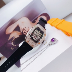 Hanboro Mặt Nhện |Nữ Giới |Full Đá Trắng Silver |Dây Cao Su |Máy Pin (Quartz) |Size 32x45mm