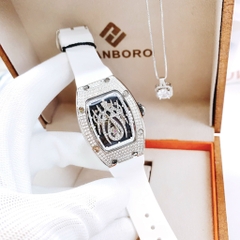 Hanboro Mặt Nhện |Nữ Giới |Trắng Silver |Dây Cao Su Trắng |Máy Pin (Quartz) |Size 32x45mm