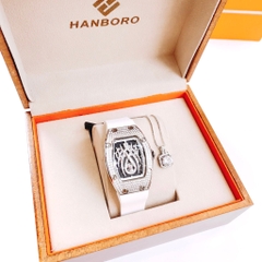 Hanboro Mặt Nhện |Nữ Giới |Trắng Silver |Dây Cao Su Trắng |Máy Pin (Quartz) |Size 32x45mm