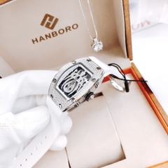 Hanboro Mặt Nhện |Nữ Giới |Trắng Silver |Dây Cao Su Trắng |Máy Pin (Quartz) |Size 32x45mm