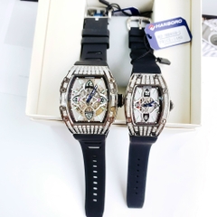 Hanboro Mặt Oval |Cặp Đôi |Đá Swarovski |Trắng Silver |Dây Cao Su |Nữ 32x36mm |Nam 40x50mm
