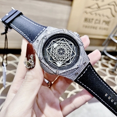 Hanboro Mặt Vũ Trụ |Cặp Đôi |Full Đá |Trắng Silver |Dây Da Bọc Cao Su Đen |Nữ 36mm |Nam 42mm