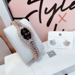 Melissa Mặt Chữ Nhật Đen |Nữ Giới |Rose Gold |Lắc Tay Đính Đá Xanh |Máy Pin (Quartz) |Size 28mm