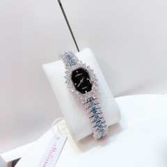 Melissa Mặt Chữ Nhật Đen |Nữ Giới |Silver |Lắc Tay Đính Đá Xanh |Máy Pin (Quartz) |Size 28mm