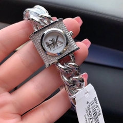 Michael Kors Mini Lock |Nữ Giới |Trắng Bạc |Mặt Vuông MK |Dây Mắt Xích |Máy Pin |Size Nhỏ 25mm