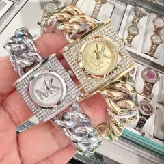 Michael Kors Mini Lock |Nữ Giới |Trắng Bạc |Mặt Vuông MK |Dây Mắt Xích |Máy Pin |Size Nhỏ 25mm