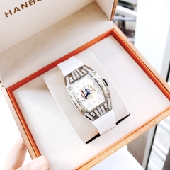 Hanboro Nữ Dây Cao Su Trắng |Mặt Oval Cỏ 4 Lá |Nữ Giới |Máy Pin (Quartz) |Size 32x45mm