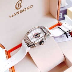 Hanboro Nữ Dây Cao Su Trắng |Mặt Oval Cỏ 4 Lá |Nữ Giới |Máy Pin (Quartz) |Size 32x45mm