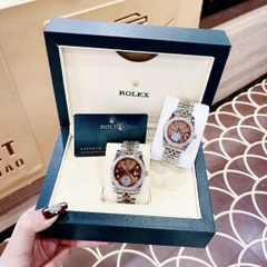 Rolex Đính Đá |Cặp Đôi |Mặt Nâu |Dây Kim Loại Demi Vàng Gold |Máy Cơ (Automatic) |Size 41x31mm