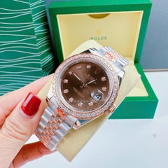 Rolex Đính Đá |Nam Giới |Mặt Nâu |Dây Kim Loại Demi Rose |Máy Pin (Máy Quartz) |Size 41mm