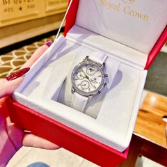 Royal Crown 6 Kim |Nữ Giới |Mặt Đính Đá |Dây Da Trắng |Máy Pin (Quartz) |Size 34mm