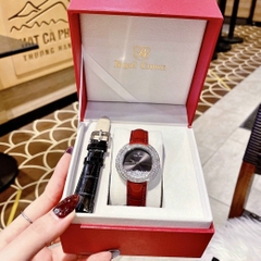 Royal Crown Đính Đá Rơi |Nữ Giới |Mặt Tròn |Dây Da Đỏ |Máy Pin (Quartz) |Size 35mm