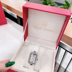 Royal Crown Mặt Chữ Nhật |Nữ Giới |Đính Đá |Dây Da Trắng |Máy Pin (Quartz) |Size 20x30mm