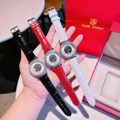Royal Crown Mặt Tròn Đen |Nữ Giới |Đính Đá |Dây Da Đỏ |Máy Pin (Quartz) |Size 35mm