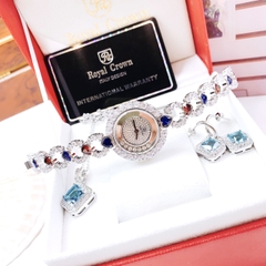 Royal Crown Mặt Tròn |Nữ Giới |Silver |Lắc Tay Đính Đá Trái Tim Xanh Đỏ |Máy Pin (Quartz) |Size 33mm