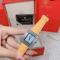 Royal Crown Mặt Vuông |Nữ Giới |Đính Đá |Dây Da Vàng |Máy Pin (Quartz) |Size 34mm