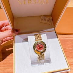 Versace Eon Mother Of Pearl |Nữ Giới |Mặt Đỏ |Dây Kim Loại Bi Vàng Gold |Máy Pin (Quartz) |Size 33mm