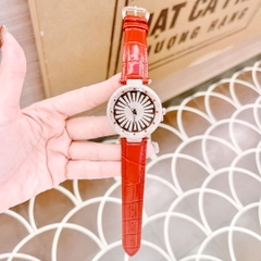 Xcer Bông Tuyết Xoay |Nữ Giới |Full Đá |Rose Gold |Dây Da Màu Đỏ |Pin (Máy Quartz) |Size 35mm