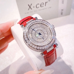 Xcer Full Đá Swarovski |Nữ Giới |Mặt Tròn |Silver |Dây Da Đỏ |Pin (Máy Quartz) |Size 35mm