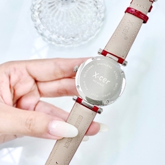 Xcer Full Đá Swarovski |Nữ Giới |Mặt Tròn |Silver |Dây Da Đỏ |Pin (Máy Quartz) |Size 35mm