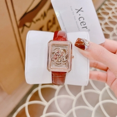 Xcer Lộ Máy |Nữ Giới |Mặt Chữ Nhật |Đính Đá |Rose Gold |Dây Da Đỏ |Máy Pin (Quartz) |Size 32mm