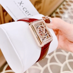 Xcer Lộ Máy |Nữ Giới |Mặt Chữ Nhật |Đính Đá |Rose Gold |Dây Da Đỏ |Máy Pin (Quartz) |Size 32mm