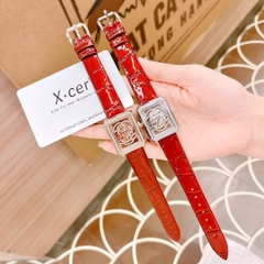 Xcer Lộ Máy |Nữ Giới |Mặt Chữ Nhật |Đính Đá |Rose Gold |Dây Da Đỏ |Máy Pin (Quartz) |Size 32mm