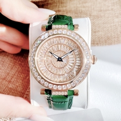 Xcer Mặt Full Pha lê |Nữ Giới |Rose Gold |Dây Da Xanh Lá |Pin (Máy Quartz) |Size 35mm