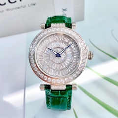 Xcer Mặt Full Pha lê |Nữ Giới |Trắng Silver |Dây Da Xanh Lá |Pin (Máy Quartz) |Size 35mm