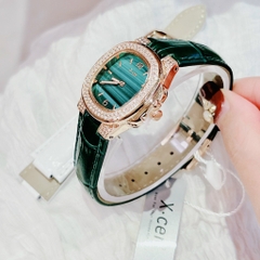 Xcer Mặt Vuông |Nữ Giới |Đính Đá |Rose Gold |Dây Da Xanh Lá |Máy Pin (Quartz) |Size 30mm