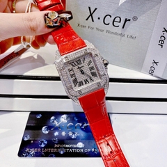 Xcer Mặt Vuông |Nữ Giới |Full Đá Swarovski |Silver |Dây Da Đỏ |Máy Pin (Quartz) |Size 36x36mm
