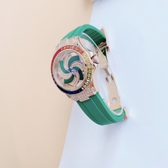 Xcer Mặt Xoay |Nữ Giới |Đính Đá |Rose Gold |Dây Cao Su Xanh Lá |Máy Pin (Quartz) |Size 38mm