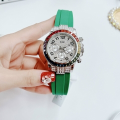 Xcer Rainbow |Nữ Giới |Đính Đá Silver |Dây Silicone Xanh Lá |Máy Pin (Quartz) |Size 38mm