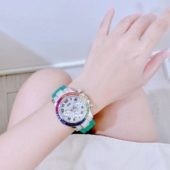 Xcer Rainbow |Nữ Giới |Đính Đá Silver |Dây Silicone Xanh Lá |Máy Pin (Quartz) |Size 38mm