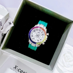 Xcer Rainbow |Nữ Giới |Đính Đá Silver |Dây Silicone Xanh Lá |Máy Pin (Quartz) |Size 38mm