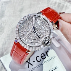 Xcer Tựa Cartier |Nữ Giới |Đính Đá |Trắng Silver |Dây Da Đỏ |Máy Pin (Quartz) |Size 36mm
