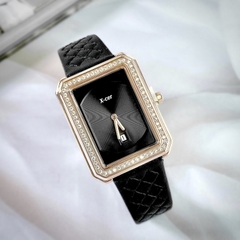 Xcer Tựa Chanel |Nữ Giới |Mặt Chữ Nhật |Đính Đá |Rose Gold |Dây Da Đen |Máy Pin (Quartz) |Size 28mm