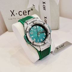 Xcer Tựa Hublot |Nữ Giới |Đính Đá Silver |Dây Silicone Xanh Lá |Máy Pin (Quartz) |Size 36mm