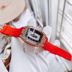 Xcer Tựa Richard Mille |Nữ Giới |Full Đá |Rose Gold |Dây Cao Su Đỏ |Máy Pin (Quartz) |Size 36mm