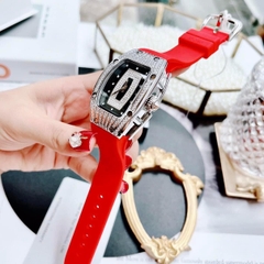 Xcer Tựa Richard Mille |Nữ Giới |Full Đá |Silver |Dây Cao Su Đỏ |Máy Pin (Quartz) |Size 36mm