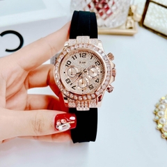 Xcer Tựa Rolex |Nữ Giới |Full Đá Rose Gold |Dây Silicone Đen |Máy Pin (Quartz) |Size 38mm