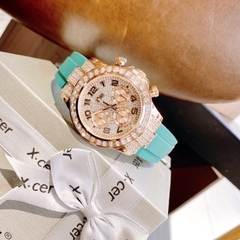 Xcer Tựa Rolex |Nữ Giới |Full Đá Rose Gold |Dây Silicone Xanh Lá |Máy Pin (Quartz) |Size 38mm