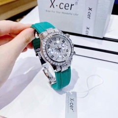 Xcer Tựa Rolex |Nữ Giới |Full Đá Silver |Dây Silicone Xanh Lá |Máy Pin (Quartz) |Size 38mm