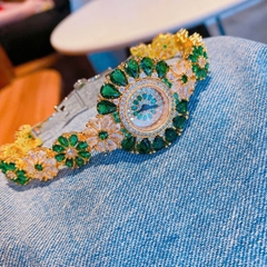 Chopard Full Đá Mix Pha Lê Xanh Lá |Nữ Giới |Dây Kim Loại Vàng Gold |Máy Pin (Quartz) |Size 34mm