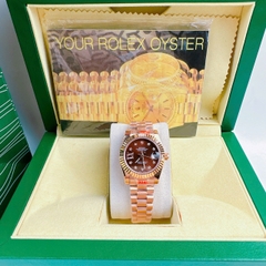 Rolex Đính Đá Ngôi Sao |Cặp Đôi |Nâu |Niềng Khía |Dây Kim Loại Rose Gold |Máy Pin (Máy Quartz) |Size 36x31mm