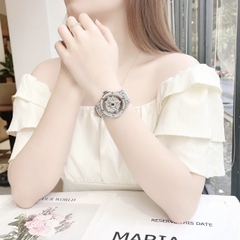 Davena Ngôi Sao Xoay |Nữ Giới |Full Đá Silver |Dây Da Trắng |Máy Pin (Quartz) |Size 38mm