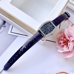 Davena Mặt Chữ Nhật |Nữ Giới |Full Đá Nhũ Xanh |Dây Da Xanh Dương |Máy Pin (Quartz) |Size 25x36mm