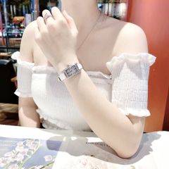 Davena Mặt Chữ Nhật |Nữ Giới |Đính Đá |Silver |Dây Da Trắng |Máy Pin (Quartz) |Size 21x27mm